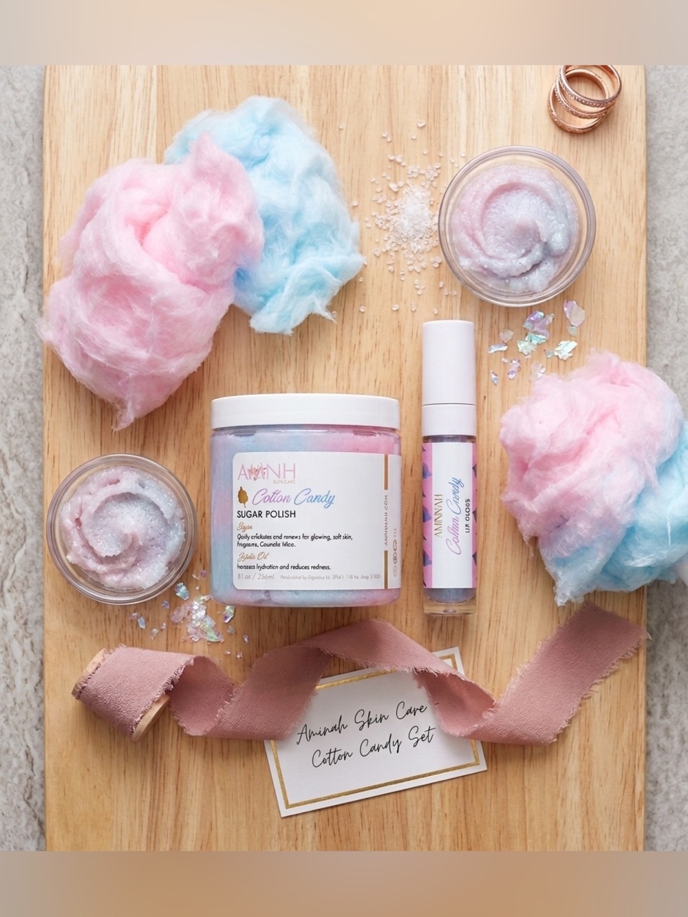 Aminnah Skincare Cotton Candy Duo Sugar Polish & Lip Gloss Set NWT